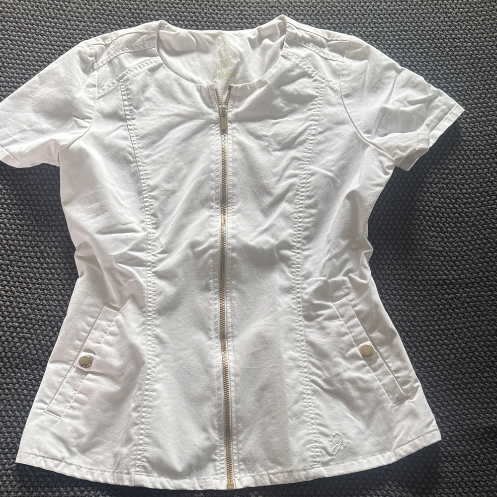 White Zip-Front Jaanuu Scrub Jacket with Short Sleeves